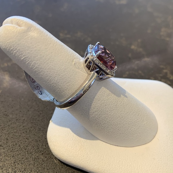 Sterling Silver Synthetic Rhodolite Garnet & Diamond Halo Ring. Size 6.25 - Picture 2 of 4
